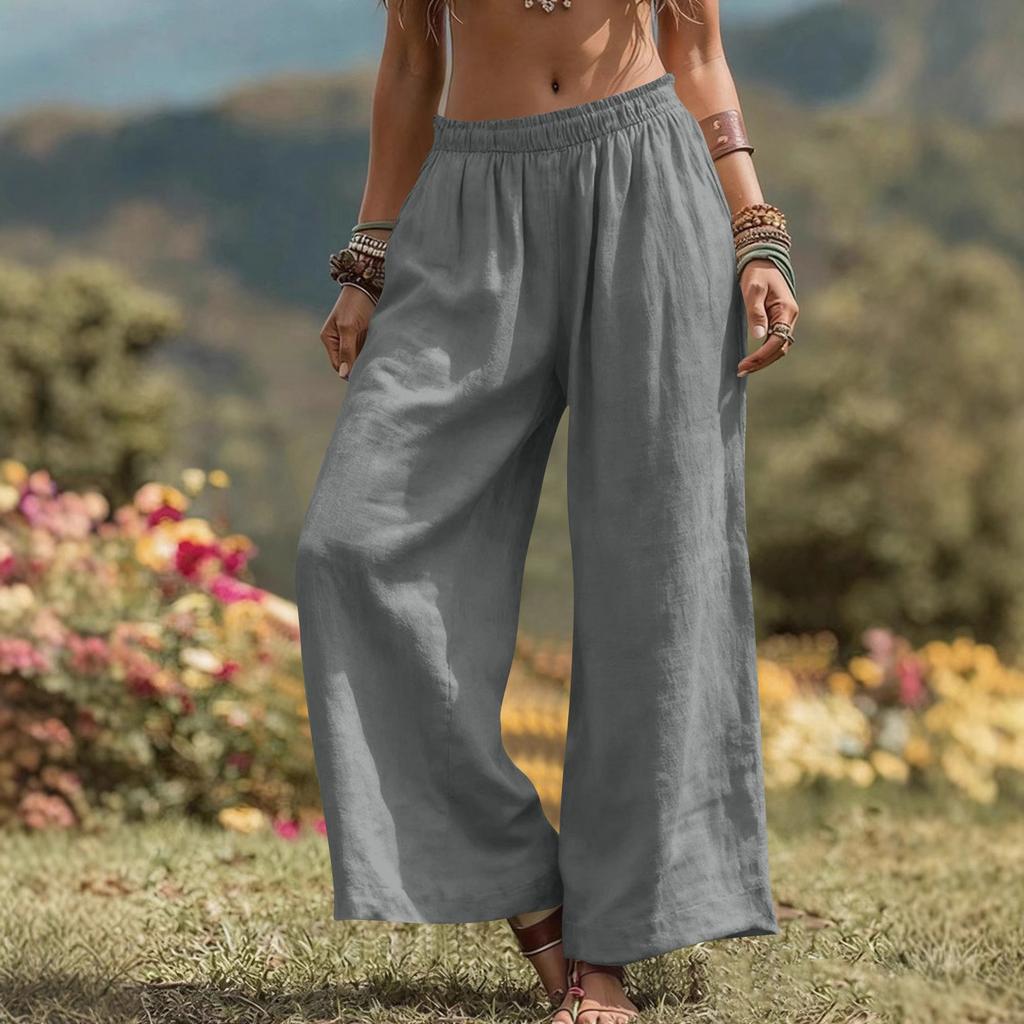 Women's -color Cotton And Linen Wide-leg Pants With Pockets