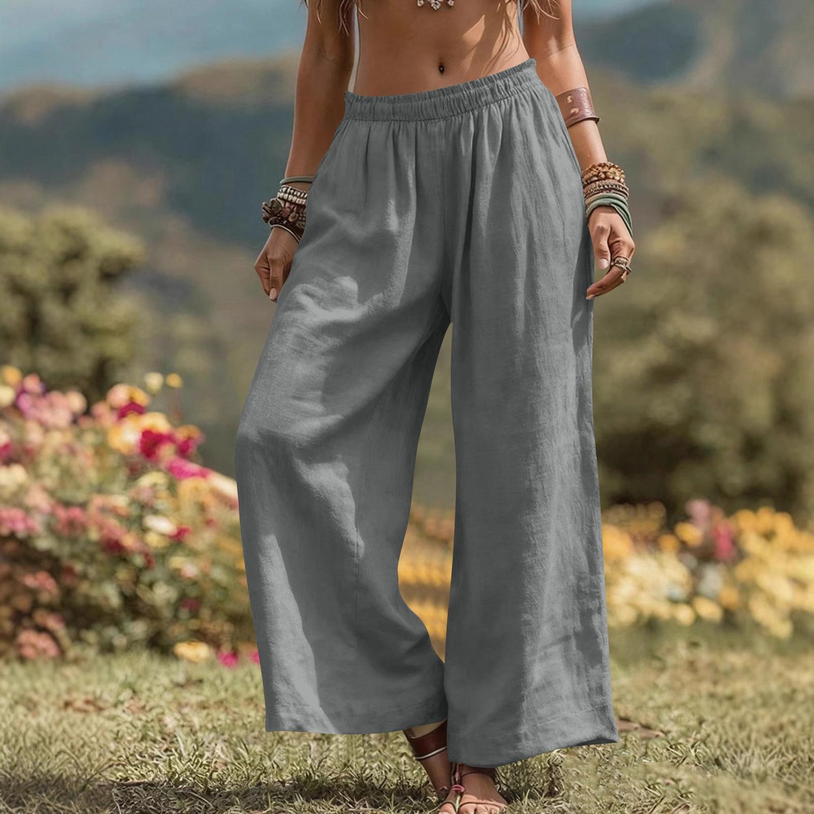 Женские -цветные Хлопково-льняные Широкие Брюки С Карманами M