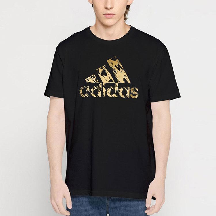 Adidas Retro Potisk Loga Písmen Sportovní Běžecké Tričko s Krátkým Rukávem a Kulatým Výstřihem Unisex Topy Černá Zlatá ADITSG2P-BG