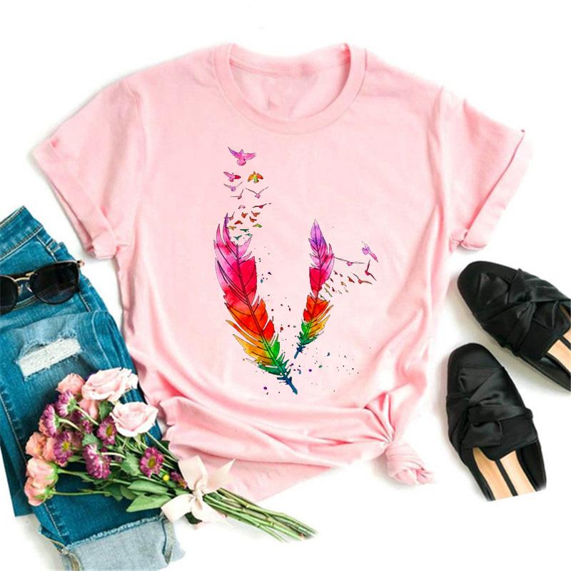 

Women s T-shirt Watercolor Feather Graphic Printed T Shirt Women Short Sleeve Tshirt 90s Streetwear Female Clothes Tops XXXL
