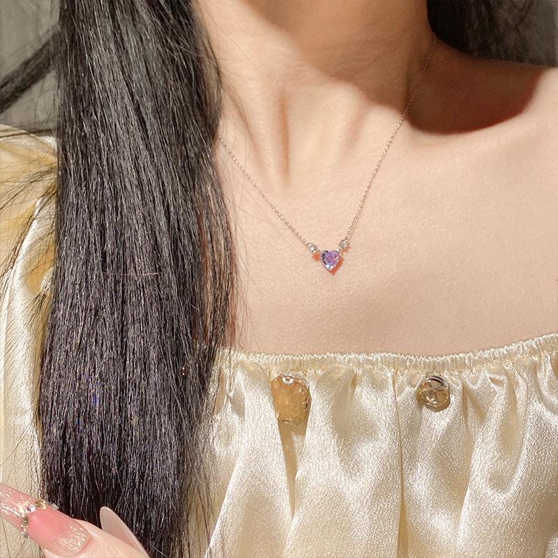 S925 Sterling Silver Heart Necklace with 5A Zirconia, Clear Sky Collection, Women's Clavicle Chain