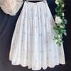 Japanese Mori Girl Summer Women Midi Skirt Elastic Waist White Blue Floral Embroidery Delicate Skirt Cotton Sweet Elegant Basic A-Line Skirts