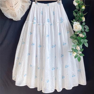 Gonna Midi Estiva da Donna Stile Mori Giapponese Vita Elastica Ricami Floreali Bianco Blu Gonna Delicata Cotone Dolce Elegante Basic Gonne a Linea ad A
