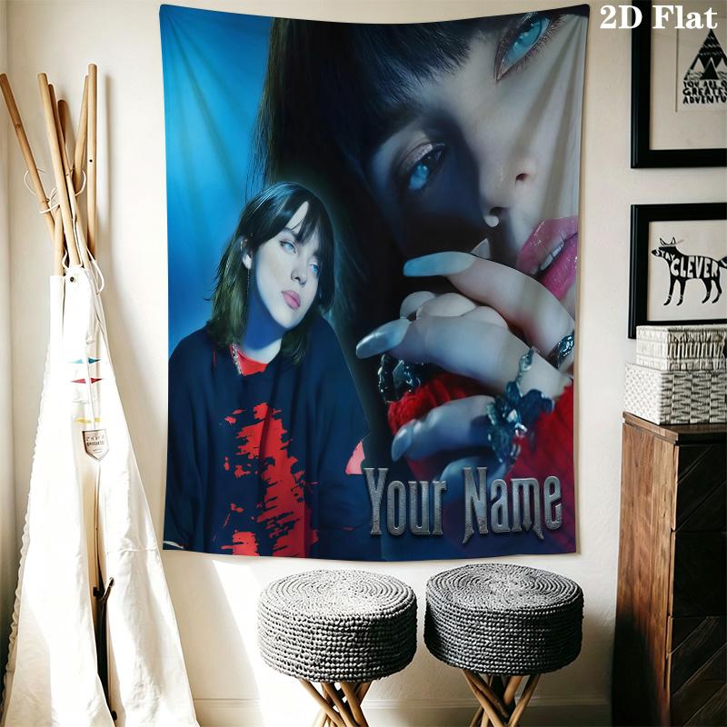 Billie Eilish Custom Name Wall Tapestry Aesthetic Wall Hanging Printed Fabric Blanket Decorative Tapestries for Bedroom Living Room Home Decor