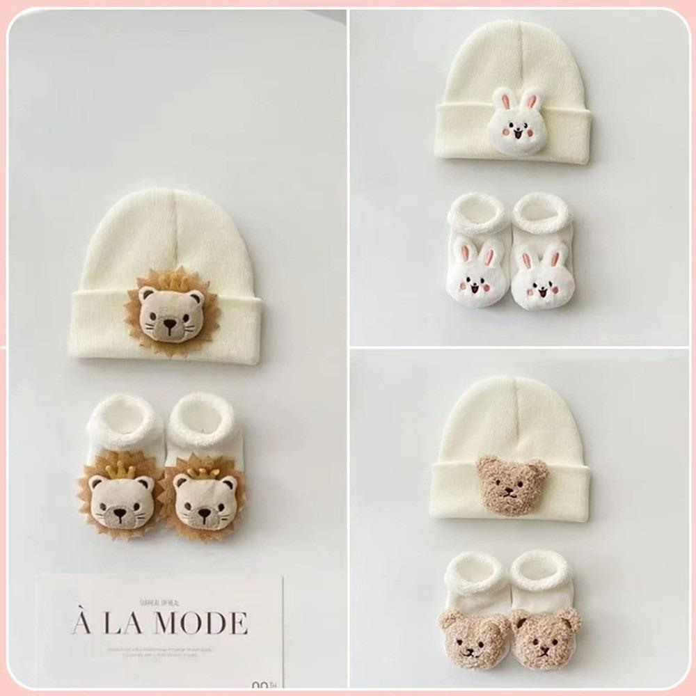 2PCS/Set Cartoon Baby Hat Socks Winter Knitted Newborn Short Socks New Pullover Hats Boy Girl