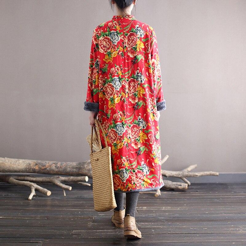 Johnature Women Plush Padded Print Floral Dress Vintage Stand Loose Long Sleeve Dresses Winter Cotton Linen Clothing