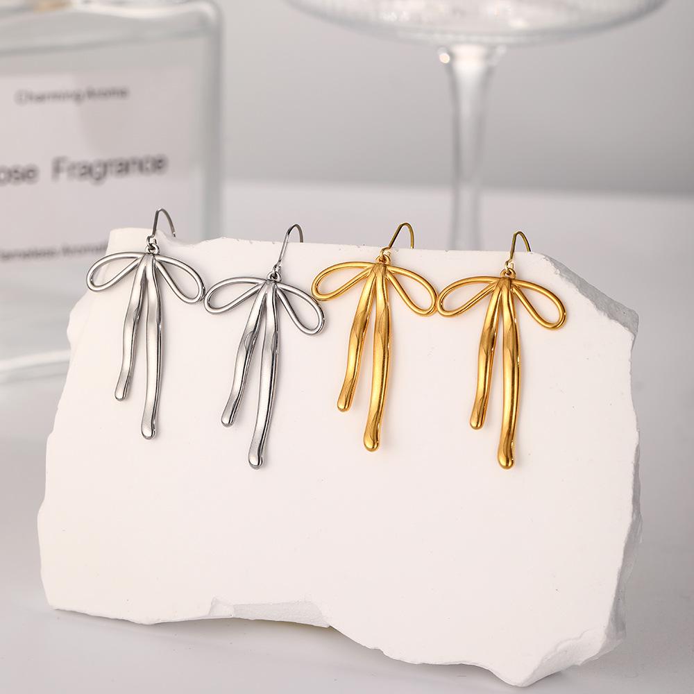 18K Gold Stainless Steel Bow Pendant Earrings - European & American Style Women's Jewelry