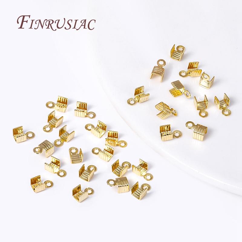 18K Gold Plated Leather Clip Connector Brass Metal Rope Fastener Crimp Fold Over Cord End Cap For DIY Jewelry Making Supplies