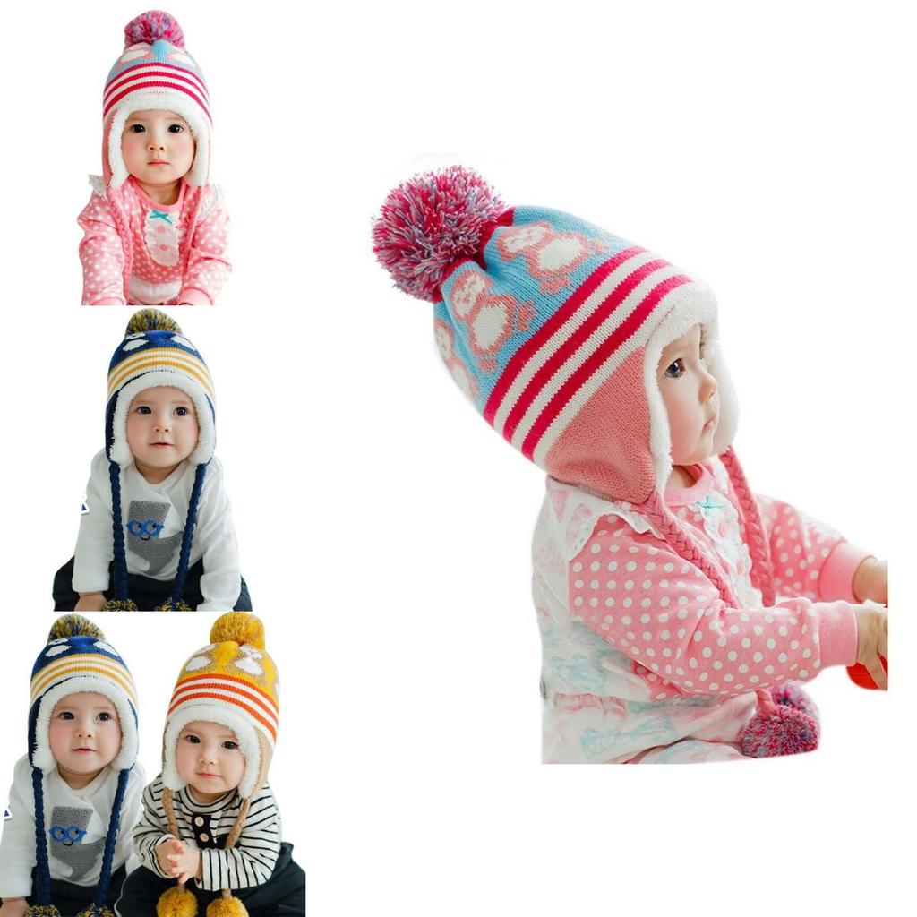 Cute Baby Toddler Girls Boys Penguin Fur Ball Knitted Winter Warm Cap With Elegant Design