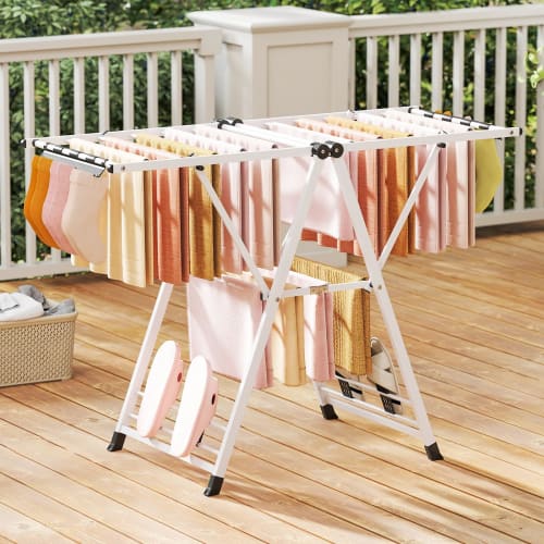 COSTWAY Folding Clothes Drying Rack, No Assembly Required, Indoor Clothes Drying Rack, 141cm Wide X 141cm High, Includes Shoe Rack, Flat Drying Suppor