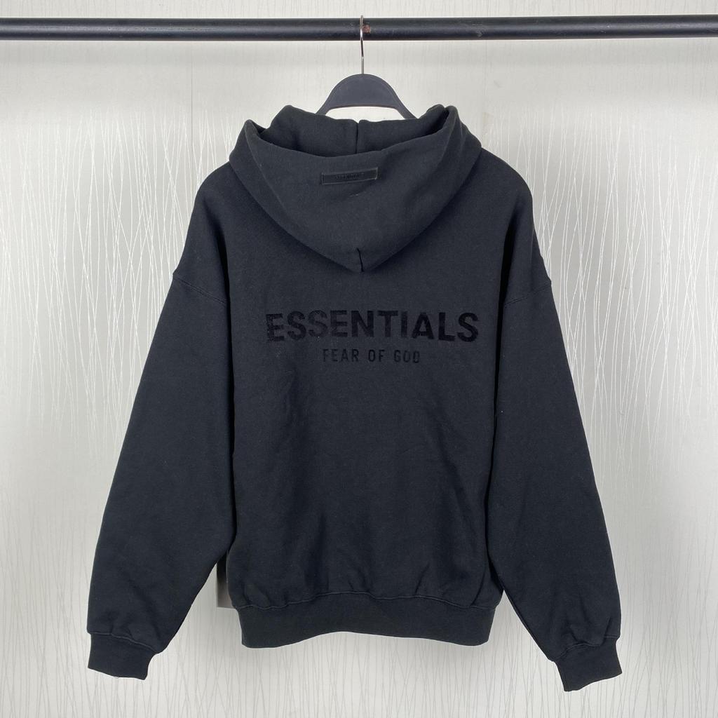 2022 Trendy Brand Essentials Black Flocking Hooded Sweatshirt with Front & Back Design