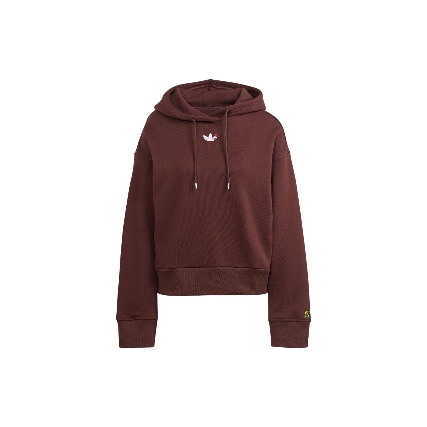 

Adidas Originals Solid Color Embroidered Drawstring Hoodie Women Tops Brown IJ8275 S