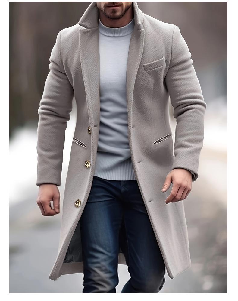 Mittellanger Wollmantel für Herren 2024: Europäischer & Amerikanischer Stil, Schmal geschnittener Anzugkragen, Winter-Windbreaker