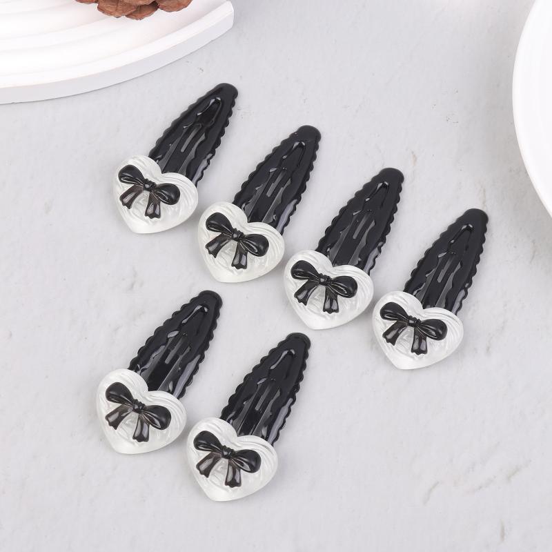 2/6Pcs Fashionable Heart Black Bowknot Wavy Bb Clip Energetic Girl'S Sweet And Cool Versatile Side Clip New Style Hairpin