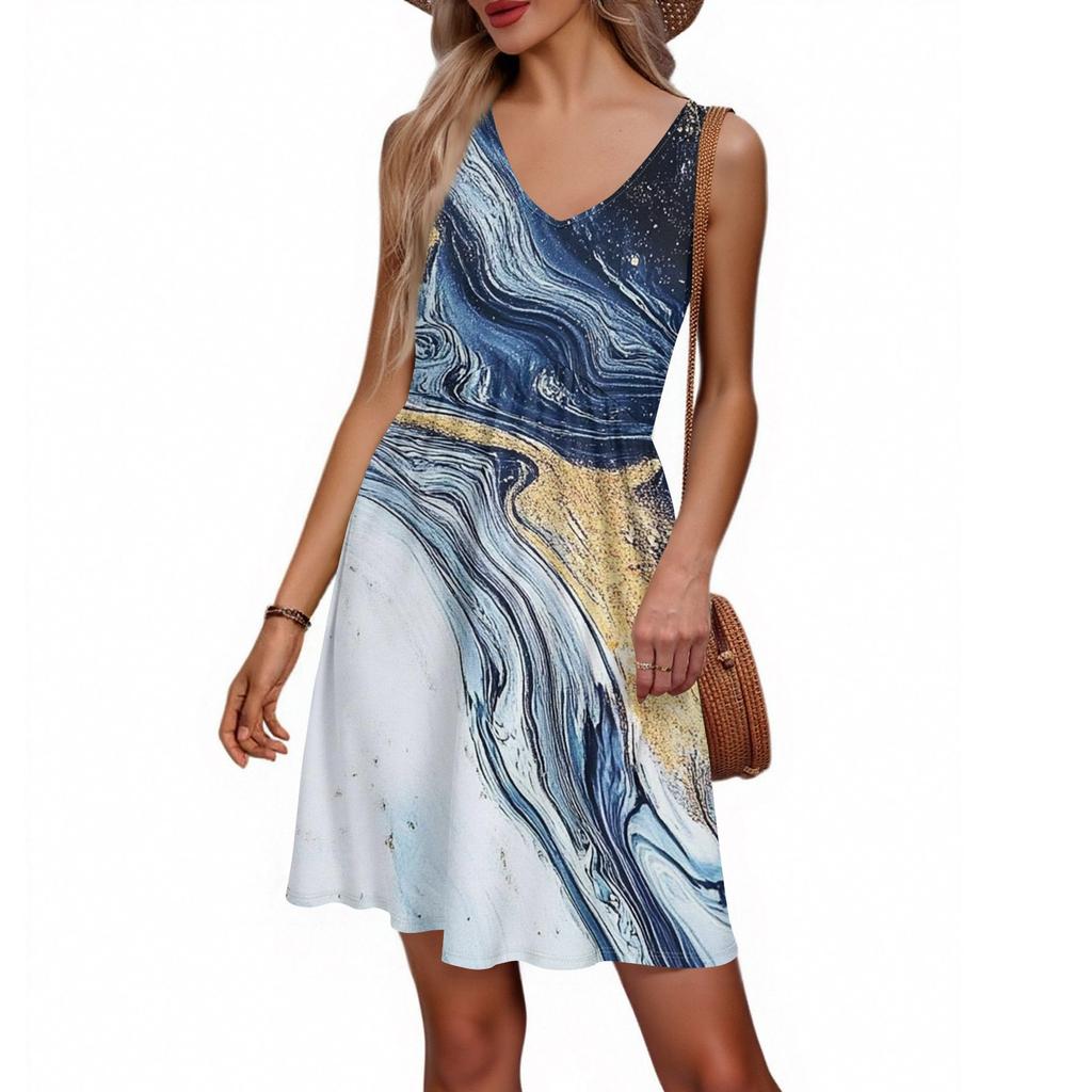 Women's Summer V-neck Casual Beach Vacation Style Retro Floral Print Sleeveless Patchwork Dress