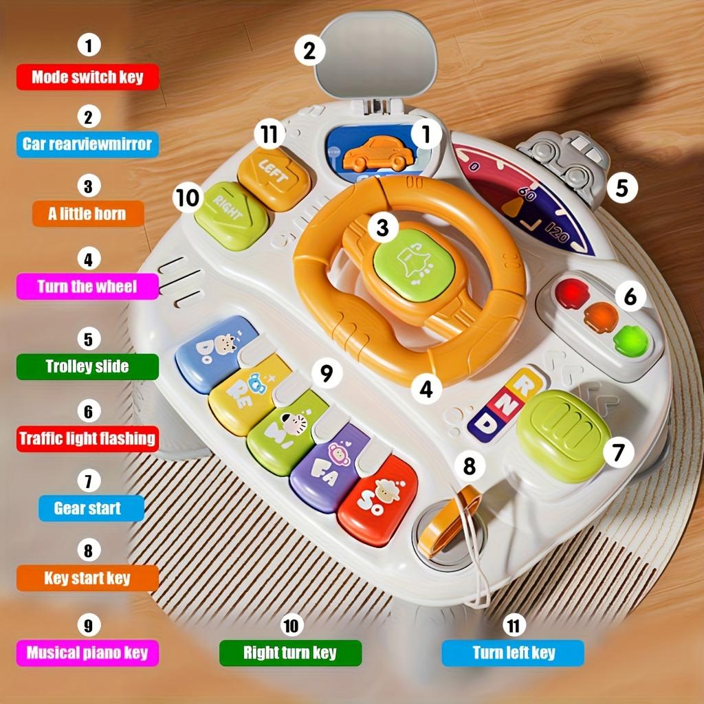 Multifunctional Educational Game Table for Youngsters,Interactive Steering Wheel, Musical Piano Keys,Traffic Light Flashing,Gear Start,Battery Powered