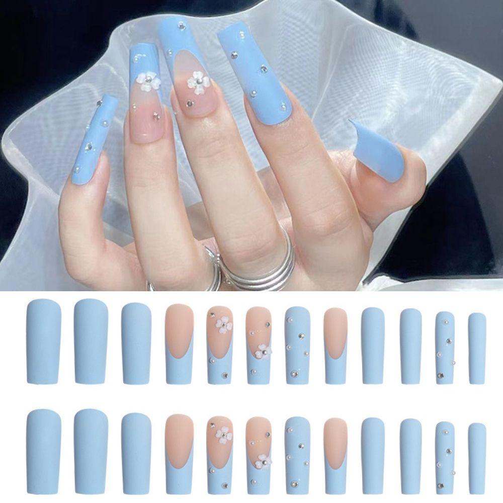 

Full Cover Nail Art Tips Diamond Pearl False Nails Fake Nails Blue Flower Water Pipe Super Long