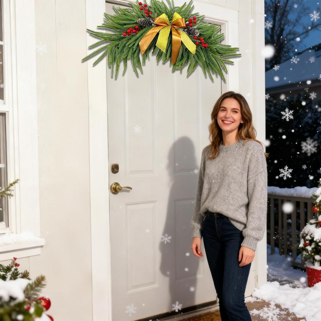 Christmas Mirror Wreath with Red Fruit and Pinecone Artificial Christmas Pine Branch Wreath Butterfly Knot Pine Wreath