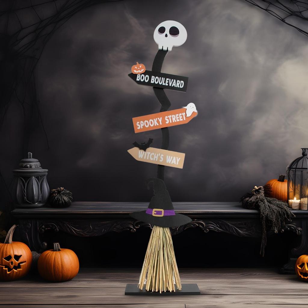 Halloween Witch Broom Wood Sign Room Decor Halloween Decorations For Indoor Outdoor Front Door Porch Lawn Garden Living Room