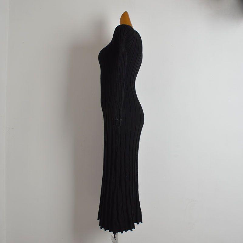 French New Arrival Solid Color Square Collar Sunken Stripe Long Sleeves Knitting Dress Women's Clothing Fall/Winter Slim Slimming Overknee Long Dress