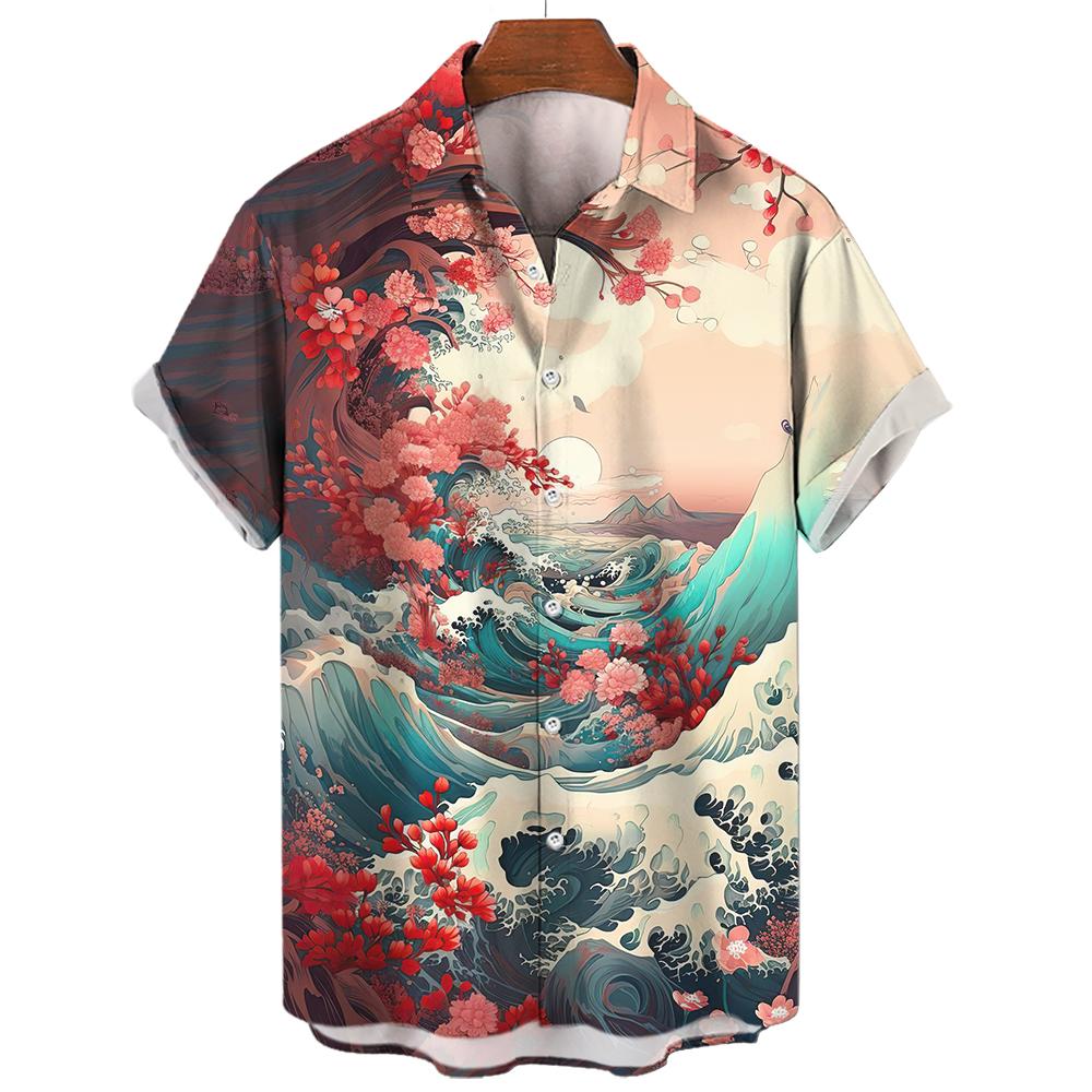 2025 New Shirts For Mens Short Sleeve Tops Japanese Style Ukiyoe Graphic Clothes Oversized Summer Apparel Streetweat Male Shirts
