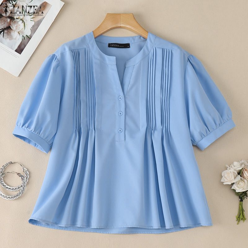 ZANZEA Blusa Casual da Donna Girocollo Tinta Unita Ampia Manica Corta