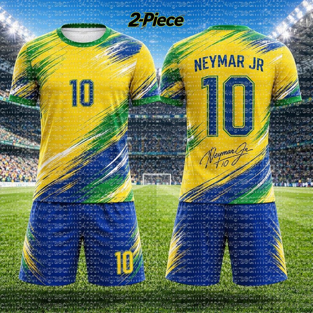 2026 Brazílie Neymar #10 Fotbalový dres Set, Fotbalové tričko Pánské Dámské Dětské, Samostatný top k dispozici, Fanouškovské tričko Šortky 2dílná tepláková souprava