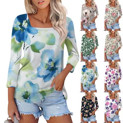 Women's T Shirt Tee Print 3/4 Sleeve Daily Weekend Fashion Basic Square Neck  Regular Top