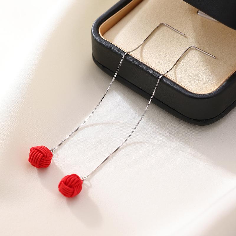 Banyan Tree S925 Silver Heart Knot Festive Long Red New Year Earrings for Women
