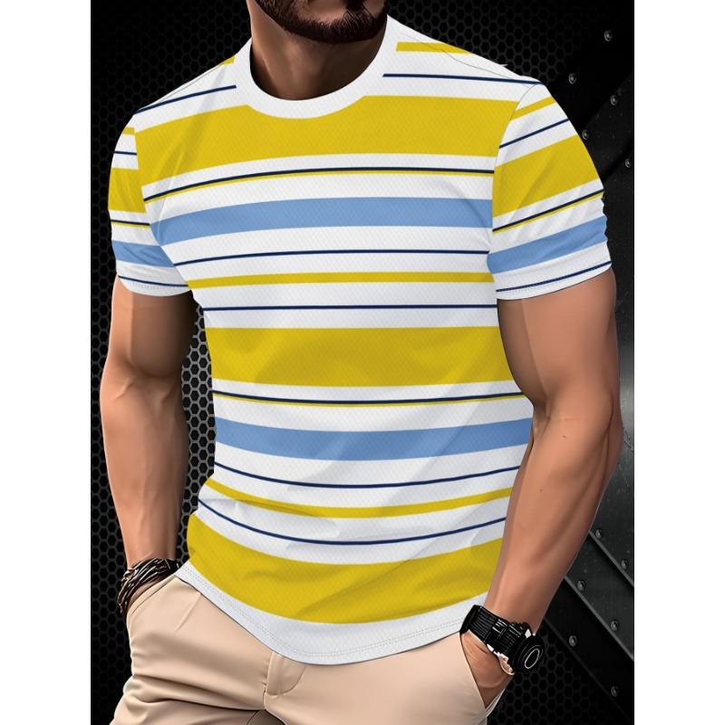 Summer Fresh Style Casual Yellow-Blue Contrast Diagonal Striped Men'S Short Sleeve T-Shirt, Suitable for Young Men'S Daily Commute