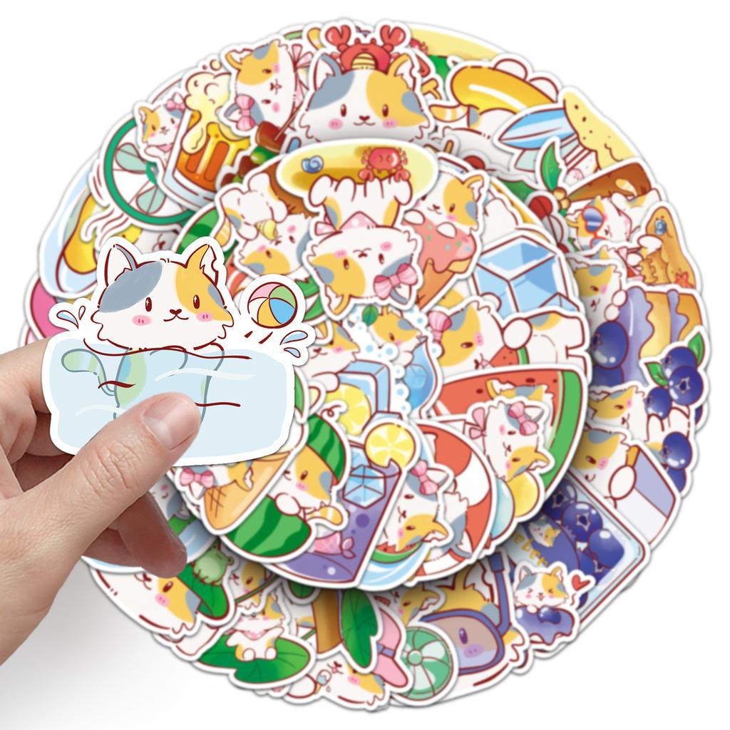 50 Summer Kitten Doodle Stickers Cartoon Cute Creative Decorative Water Cup Mobile Phone Small Mochi Stickers