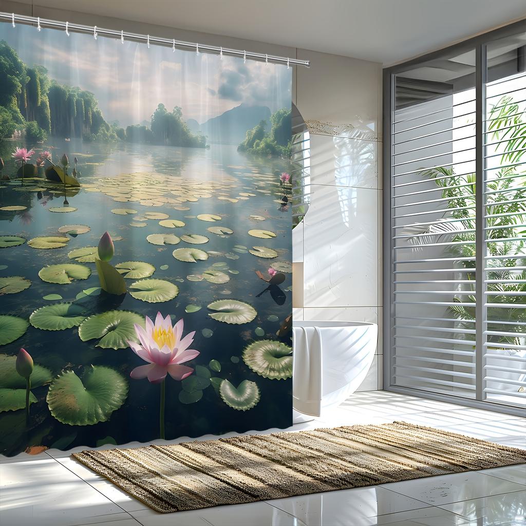 Enchanting Lotus Pond Bath Curtain - Serene Water Lilies & Mountain View,Waterproof Home Decor Adds Tranquility To Your Bathroom