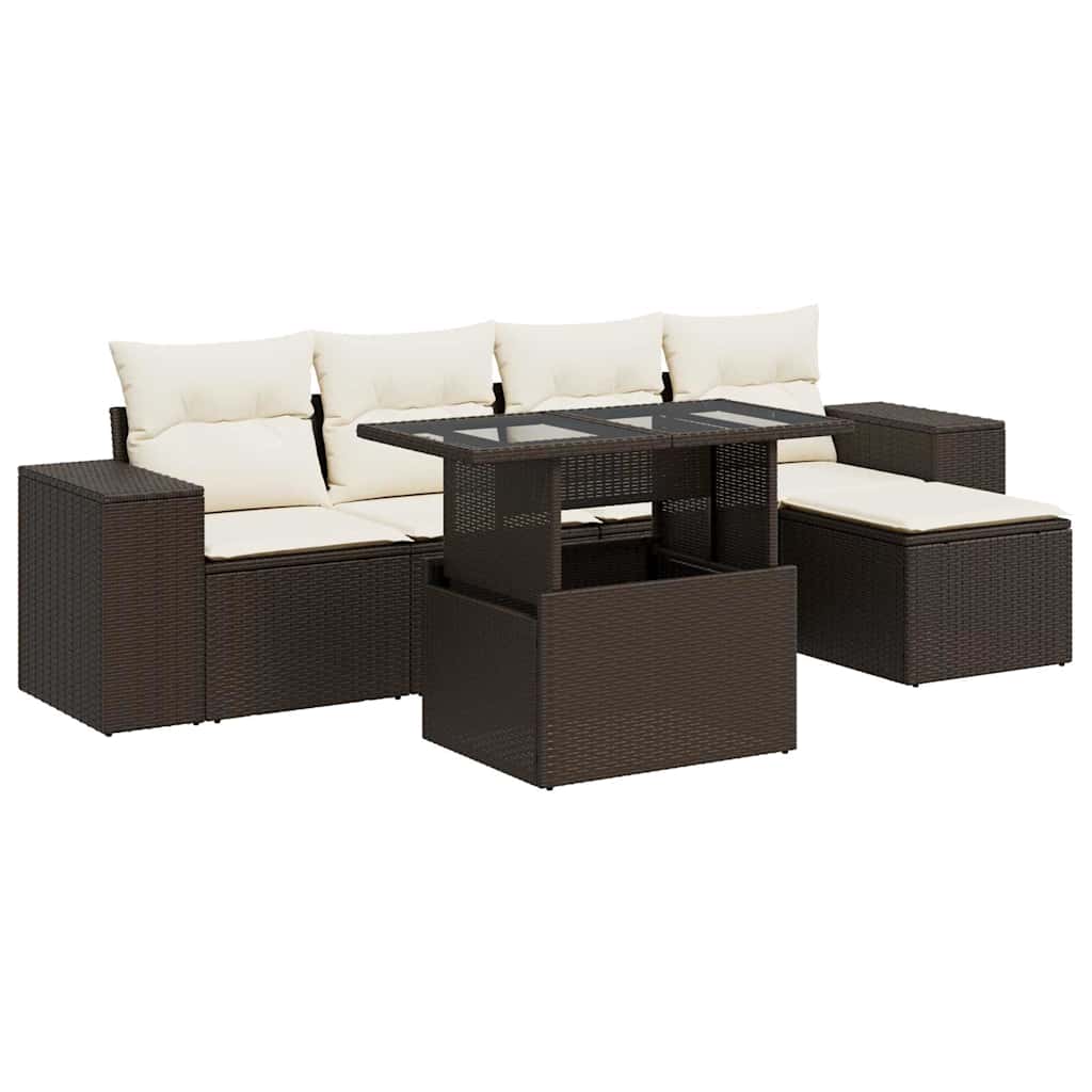 6 Piece Brown Poly Rattan Garden Sofa Set with Cushions