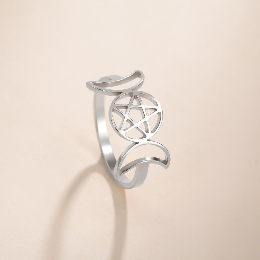 Triple Moon Goddess Pentagram Rings for Women Stainless Steel Pentacle with Two Moons Ring Wicca Amulet Jewelry Gift
