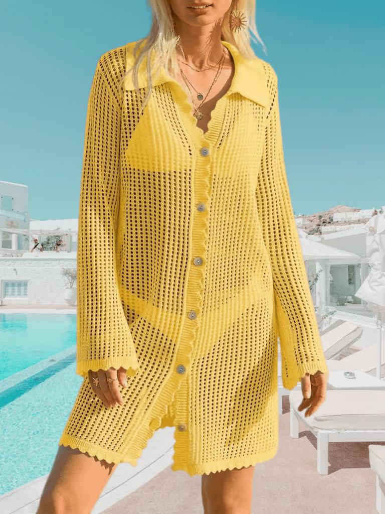 Women's Crochet Beach Cover Up Button Down Long Sleeve Cardigan Mini Dress