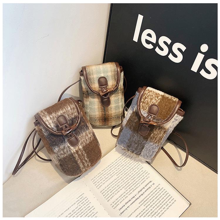 Women's Woolen Plaid Crossbody Mini Phone Bag - Lock Design 2025 Edition