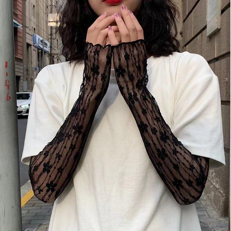 

Fashion Long Lace Gloves Hollow-Out Fingerless Glove Women Sun Protection Sleeves Mesh Lace Thin Hand Black White Gloves One Size