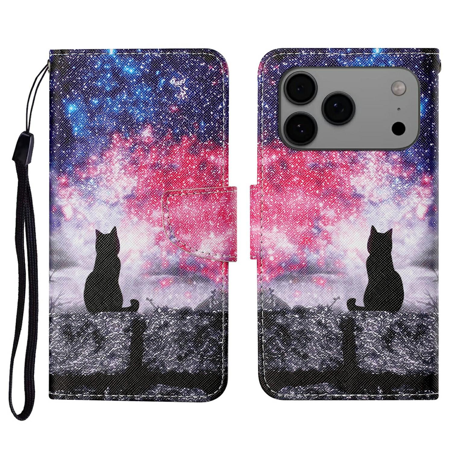 

For iPhone 17 Pro Case Pattern Printing Protective Leather Folio Phone Cover with Wrist Strap Galaxy Cat