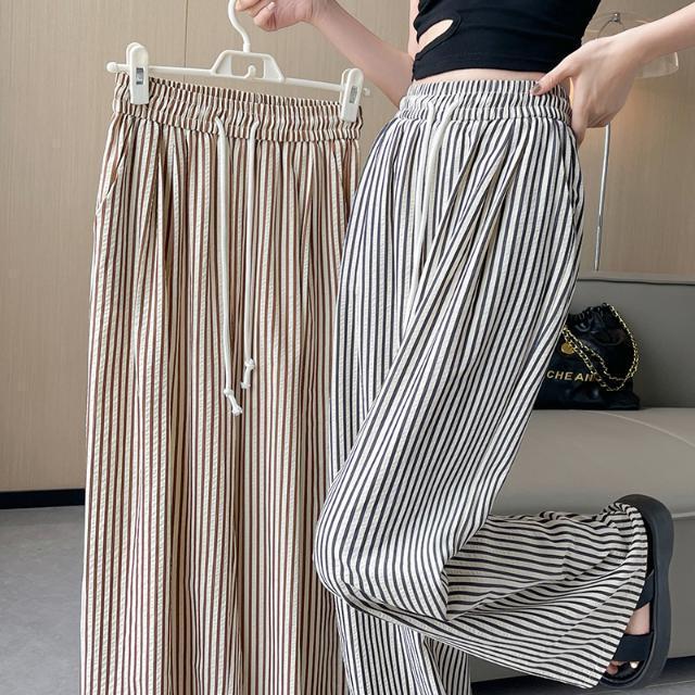 Women's Petite Retro Vertical Striped Wide-Leg Pants - Summer Casual Loose Fit