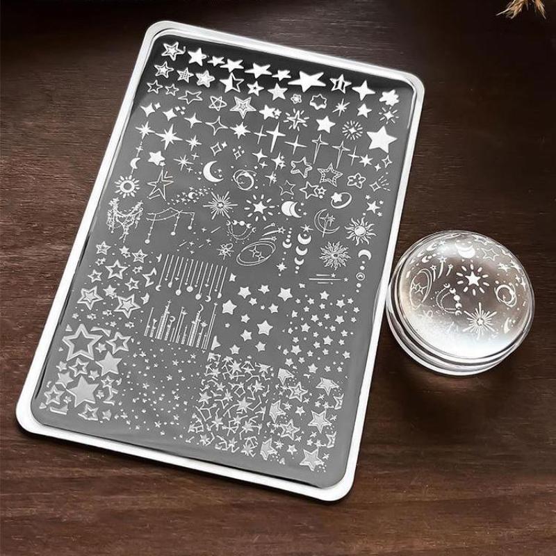1 sztuka Kreskówkowe Płytki do Stemplowania Paznokci z Motywem Księżyca i Gwiazd Prostokątny Szablon Stempelki do Zdobienia Paznokci Płytka z Obrazkiem do Stemplowania Manicure Narzędzia do Drukowania na Paznokciach