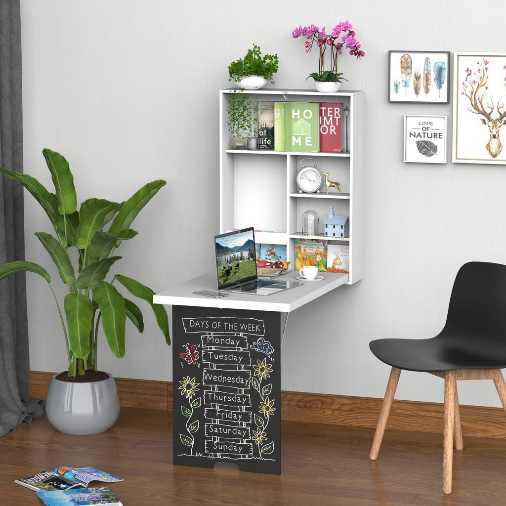 Folding Wall Mounted Drop Leaf Table Convertible Wall Table With Chalkboard And Storage Shelf Multifunctional Floating Desk For Home Office White