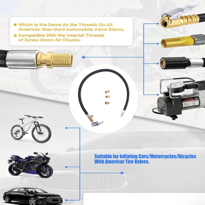Inflator Hose Replacement Set, Tire Hose Adapter with Braided Line, Clip-On Chuck and 3 Brass Adapters for Refill