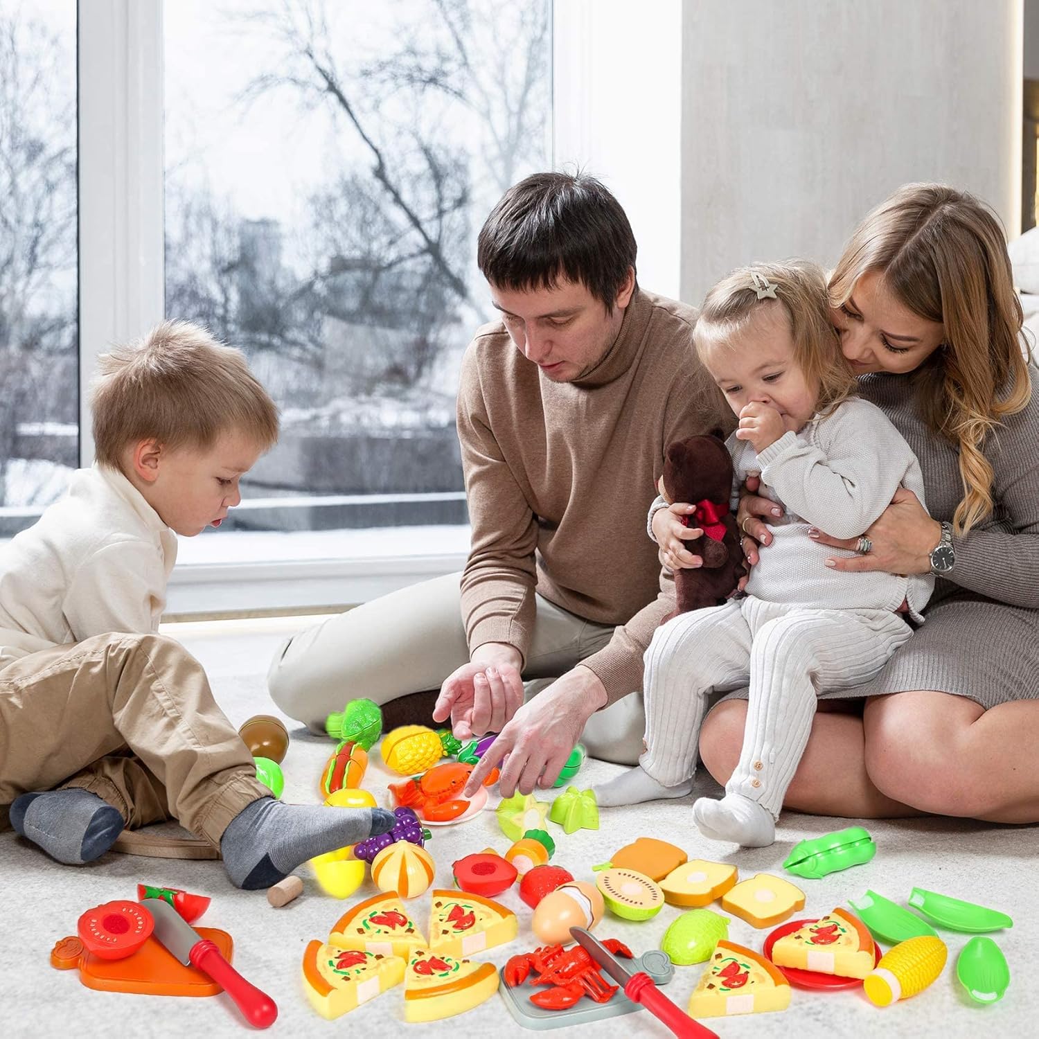 67Pc Pretend Play Food Sets for Kids Kitchen, Pizza Toy Food & Cutting Fake Food - Fruits & Vegetables, Play Kitchen Toys Accessories, Pretend Food