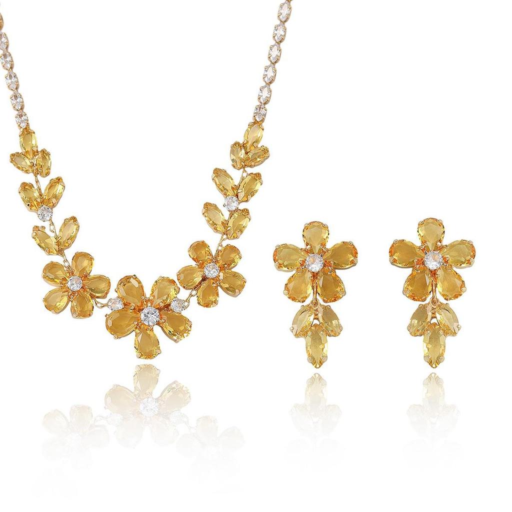 Zircon Lemon Yellow Necklace & Earrings Set - European & American Style, Plum Blossom Design, Fashion Trend Clavicle Chain
