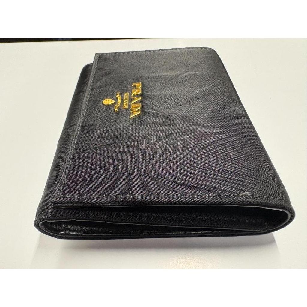 Used Excellent Condition PRADA Tessuto Nylon Trifold Wallet Black Gold Logo