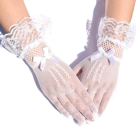 Women's Short Lace Gloves Sheer Mesh Tulle Wrist Length Gloves with Bow Wedding Bridal Fishnet Gloves Opera Tea Party Accessory
