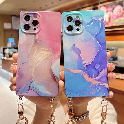 Square Marble Shell Strap Wrist Strap Chain Phone Case For Iphone 13 Pro Max 11 12 Pro Max Soft Silcone Camera Protection Cover