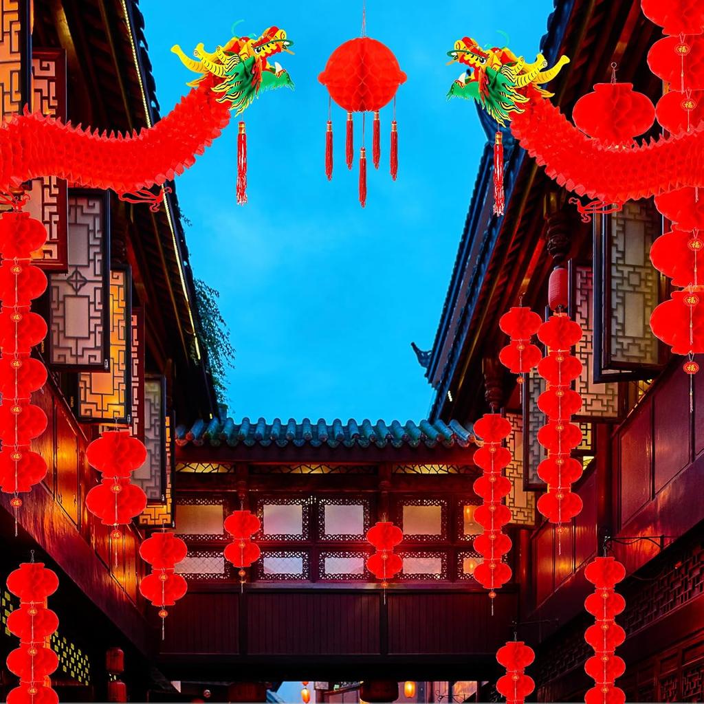 47 Pcs 2025 Chinese New Year Decoration 3D Chinese New Year Dragon with Dragon Beads Paper Red Lanterns Envelopes Hong Bao Lunar New Year Hanging