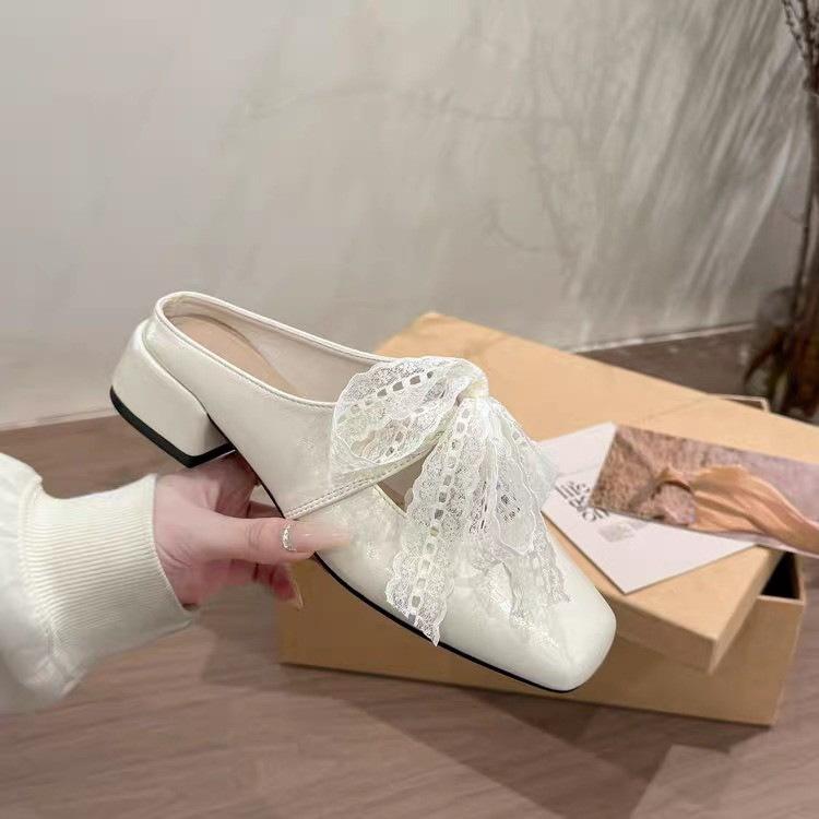 

Версия из мягкой кожи~ Туфли Лолиты Кружевные Балетки на плоской подошве Мюллер 2025 Весна Ленивый Баотоу Полушлепки Женская уличная обувь 40