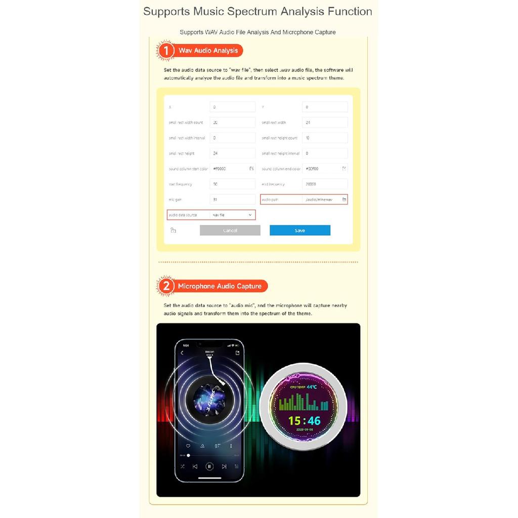 2.1inch USB Monitor 480×480 Pixel-Water Cooler Screen/PC Case Secondary Screen/Desktop RGB Ambient Screen, with Music Spectrum Analysis Function,